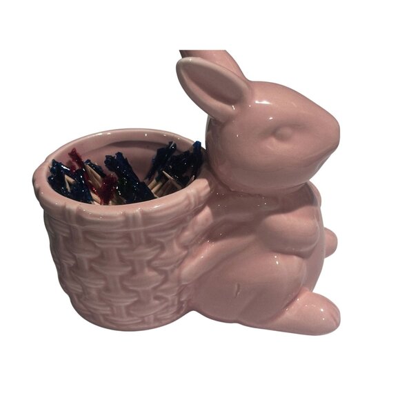 Pink Rabbit Egg Basket Tooth Pick Holder Pin Cushion CeramicFigurine Easter 5” - Picture 4 of 6